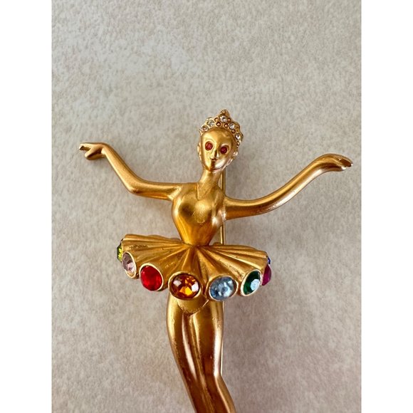 HMI 1992 vintage gold tone lady figural ballerina rainbow rhinestones brooch - Picture 2 of 9